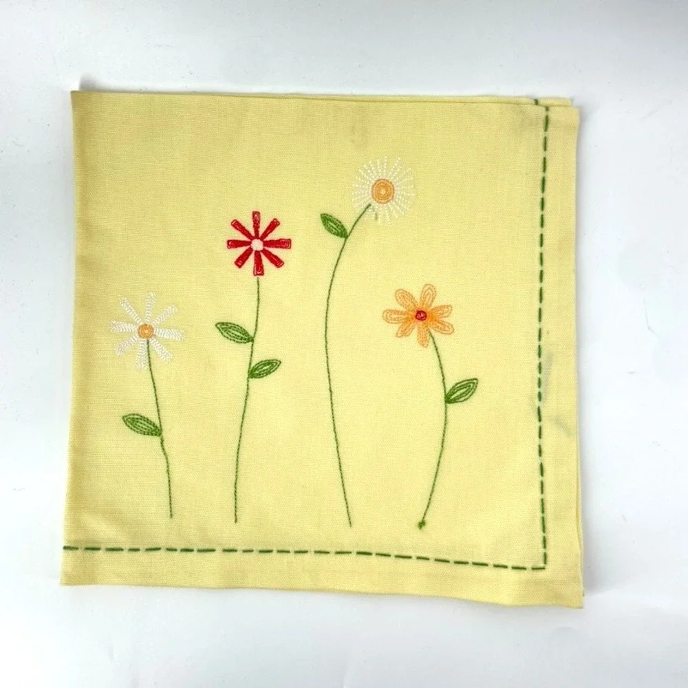 TAG‎ Napkins Cloth Fabric 6 Cotton Embroidered Flowers Yellow Spring Large 20x20